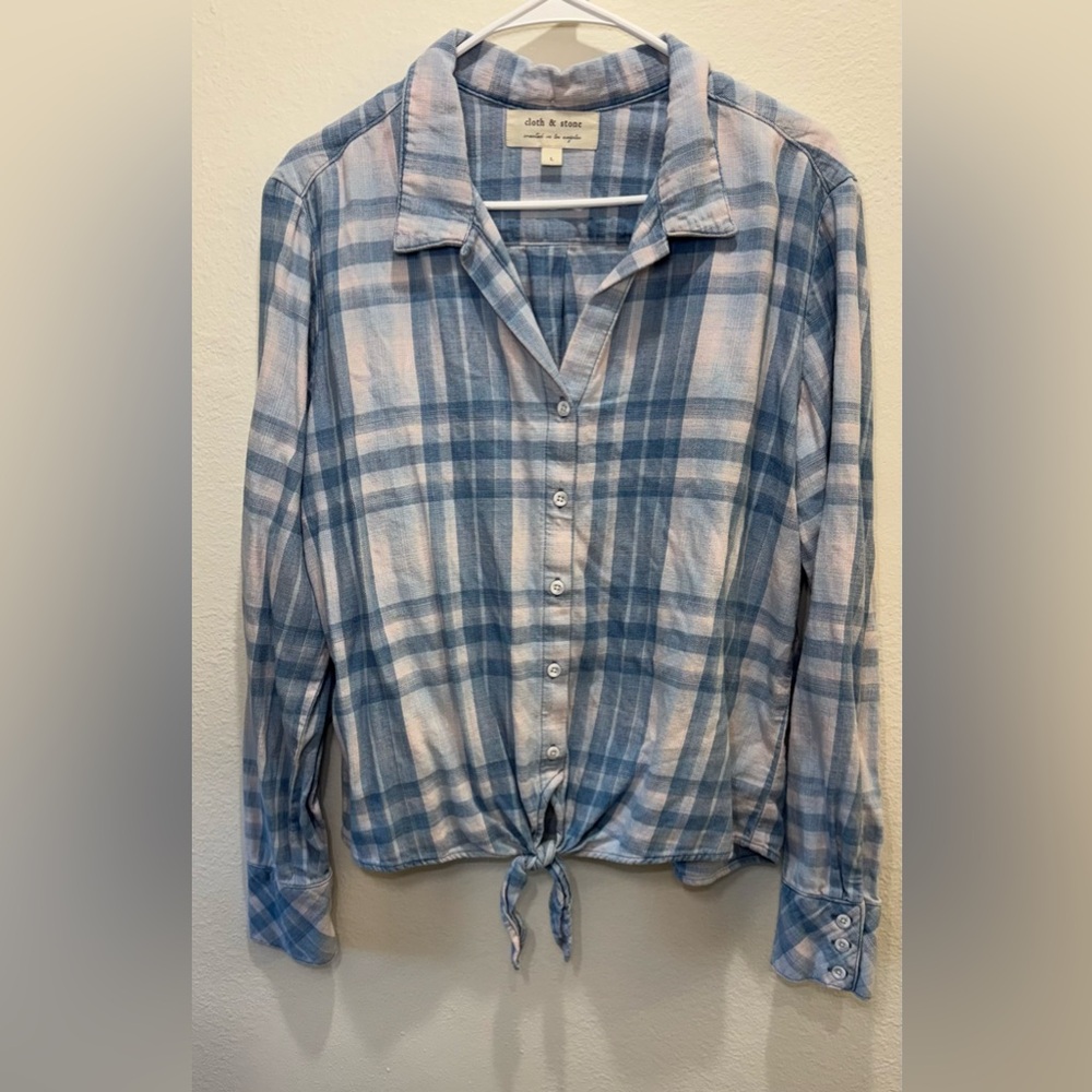 Anthropologie Cloth & Stone Blue Plaid Tie-Front Blouse Button-Down Shirt Size L